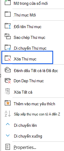 Ảnh chụp màn hình tùy chọn Xóa thư mục được chọn trong ngăn dẫn hướng.