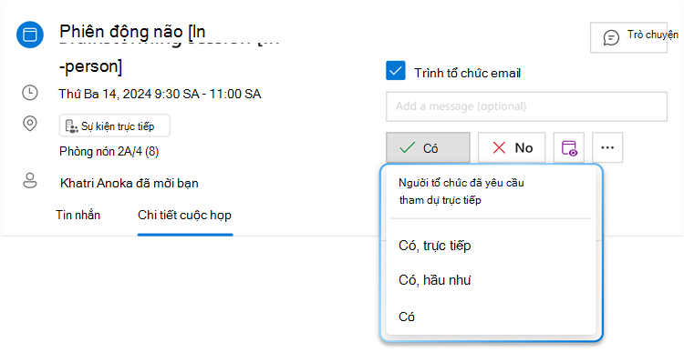Hình ảnh hiển thị nút menu RSVP hỗn hợp cho Có với danh sách thả xuống được bung rộng, trong đó người ta có thể thấy ba tùy chọn khác nhau: Có, trực tiếp, Có, ảo và Có.