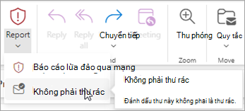 Bạn có thể sử dụng > nút Báo cáo Không phải Thư rác để khôi phục thư từ thư mục Email Rác, rồi yêu cầu Outlook ngừng gửi thư từ người gửi đó vào thư mục Email Rác.