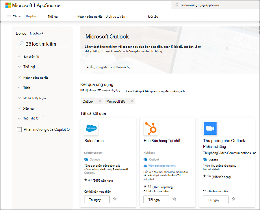 Phần bổ trợ Microsoft Outlook trong AppSource