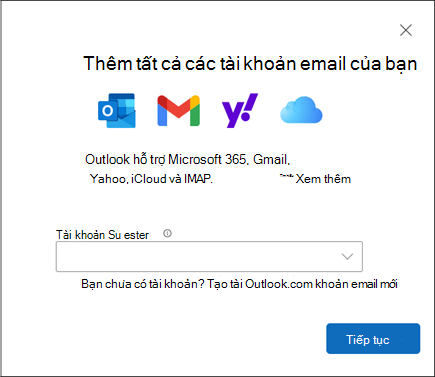 Hộp thoại Thêm tài khoản trong Outlook for Windows mới