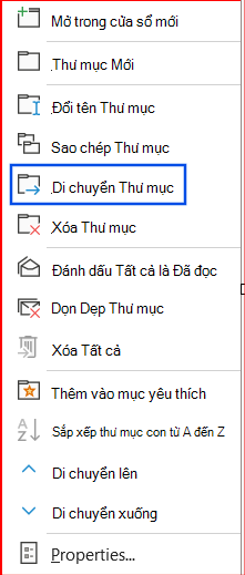 Ảnh chụp màn hình tùy chọn Di chuyển thư mục được chọn trong ngăn dẫn hướng.