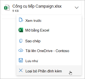 Chọn mũi tên xuống bên cạnh tệp đính kèm, rồi chọn Loại bỏ Phần đính kèm