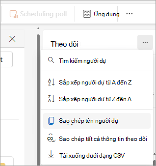 Ảnh chụp màn hình ngăn Theo dõi trong Outlook mới hiển thị các tùy chọn thả xuống để sao chép danh sách người dự