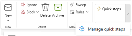 Ảnh chụp màn hình dải băng Outlook hiển thị thiết đặt Quản lý bước nhanh