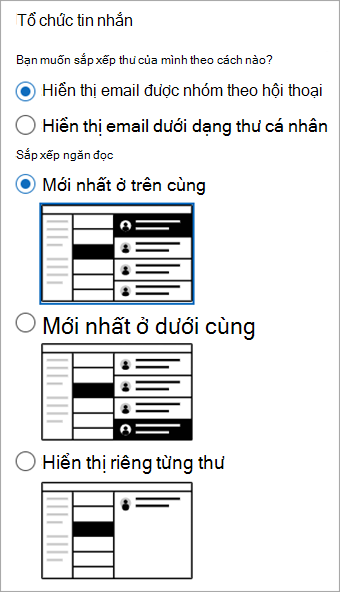 Ảnh chụp màn hình Cài đặt > Ngăn Đọc Thư> hiển thị phần Tổ chức thư.