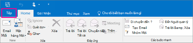 Đây là giao diện của dải băng trong Outlook 2016.