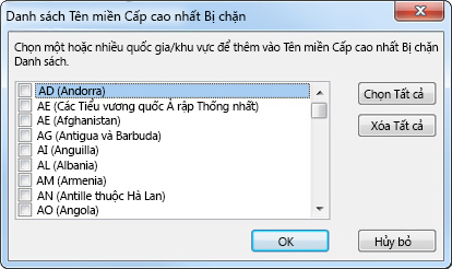 Hộp thoại Danh sách Tên miền Cấp cao Bị chặn