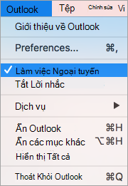 Hiển thị tùy chọn Làm việc Ngoại tuyến được chọn trên menu Outlook