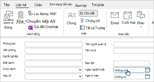 Ảnh chụp màn hình dạng xem Chi tiết trên thẻ liên hệ để thêm ngày sinh nhật hoặc ngày kỷ niệm