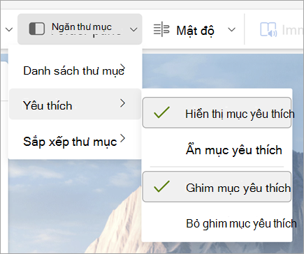 Ảnh chụp màn hình danh sách thả xuống ngăn Thư mục với mục Hiển thị yêu thích và Ghim mục yêu thích được chọn