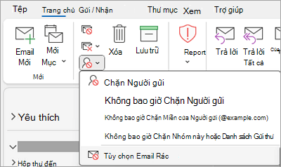 Ảnh chụp màn hình hiển thị danh sách thả xuống Chặn Người gửi với Tùy chọn Email Rác được chọn