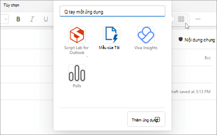 Menu cửa sổ bật lên Ứng dụng từ dải băng của thư được soạn Outlook trên web và trong Outlook for Windows mới.