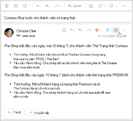 Biểu tượng Ứng dụng trên thanh hành động của thư trong Outlook trên web thư và trong Outlook for Windows mới.