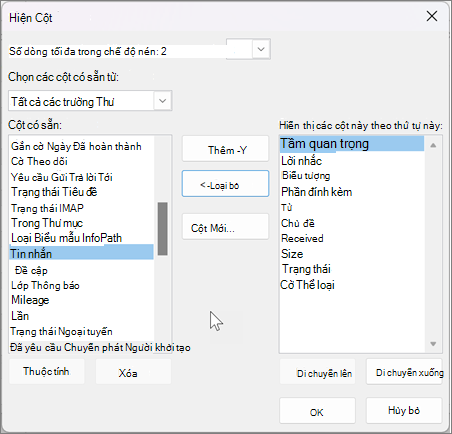 Xem thiết đặt cho các cột trong Outlook