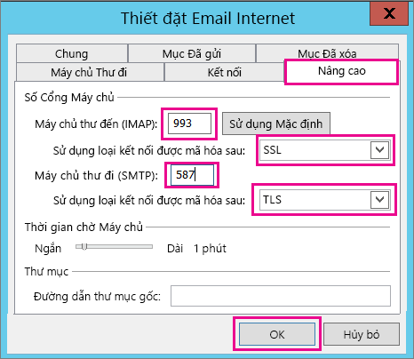Nhập cài đặt email nâng cao.