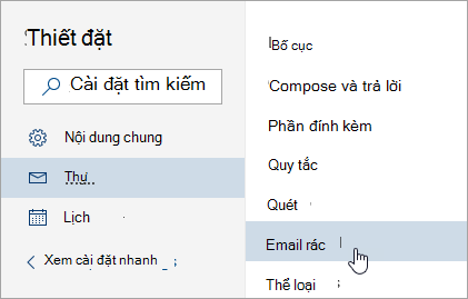Ảnh chụp màn hình của menu Cài đặt với email Rác được chọn