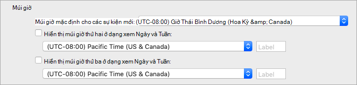 Hiển thị múi giờ Thứ hai và Thứ ba trong Calendar Chọn