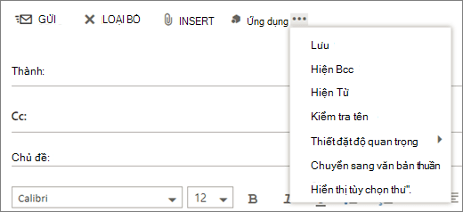 Ảnh chụp màn hình hiển thị các tùy chọn sẵn dùng từ lệnh Xem thêm trên thanh công cụ thư.