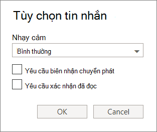 Ảnh chụp màn hình hiển thị hộp thoại Tùy chọn Thư hiển thị các tùy chọn để đặt mức Độ nhạy cảm và yêu cầu chuyển phát hoặc xác nhận đã đọc.