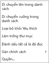 Ảnh chụp màn hình hiển thị menu ngữ cảnh hoặc lối tắt xuất hiện khi bạn bấm chuột phải vào hộp thư đến Thư.