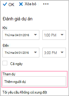 Ngăn Chi tiết hiển thị hộp Người dự để sử dụng với Trợ lý Lập lịch biểu