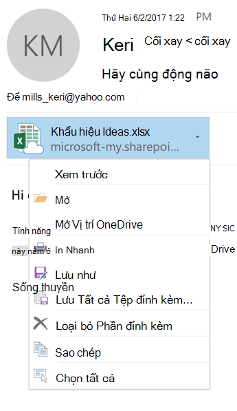 Chọn mũi tên thả xuống ở bên phải biểu tượng tệp đính kèm để xem menu tệp đính kèm