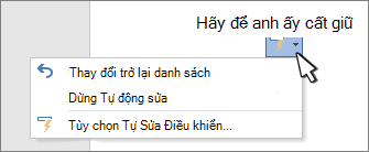 Nút và menu tùy chọn Tự Sửa trên một công việc được sửa trên tài liệu