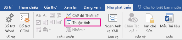 Tùy chọn Thuộc tính được tô sáng trên tab Nhà phát triển.