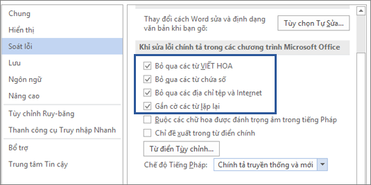 Các tùy chọn bỏ qua từ khi sửa chính tả