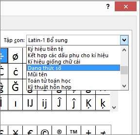 Chọn Biểu mẫu Số trong hộp thoại Tập hợp con để hiển thị phân số và các ký hiệu toán học khác