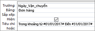 Một biểu thức trong hàng Tiêu chí của lưới truy vấn.