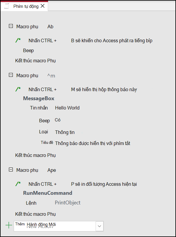 Ba macro con trong macro Access có tên là AutoKeys