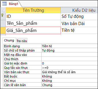 Quy tắc xác thực trường hiển thị trong trình thiết kế bảng của Access