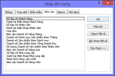 Hộp thoại Nhập Đối tượng trong cơ sở dữ liệu Access