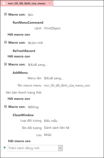 Ảnh chụp màn hình macro Access có bốn macro con