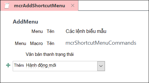 Ảnh chụp màn hình đối tượng macro Access với hành động macro AddMenu.