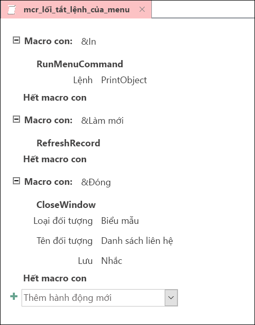 Ảnh chụp màn hình cửa sổ thiết kế macro Access với ba câu lệnh macro con.