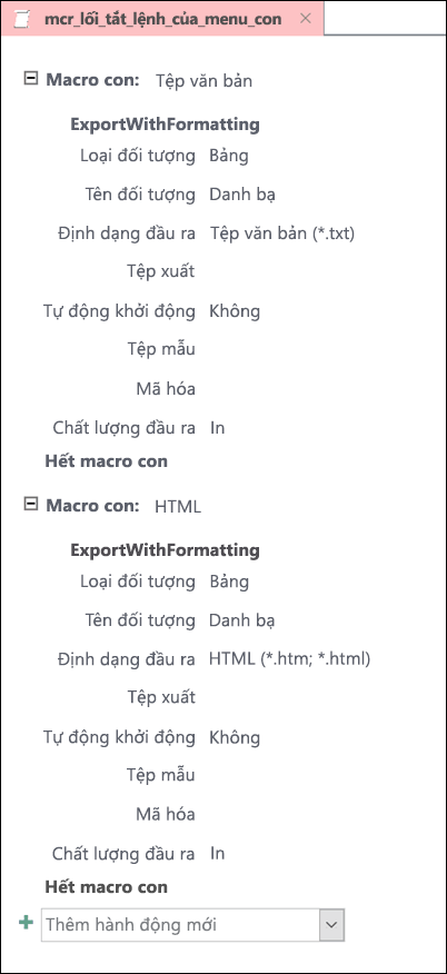 Ảnh chụp màn hình macro trong Access với hai macro con