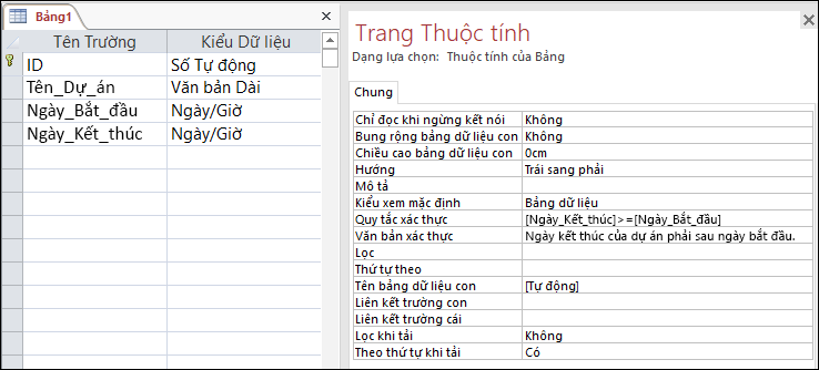 Quy tắc xác thực trường trong trình thiết kế bảng của Access.