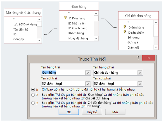 Ảnh chụp màn hình ba bảng và Thuộc tính Nối của chúng