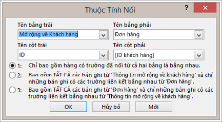 Ảnh chụp màn hình Thuộc tính Nối tô sáng tên bảng bên trái
