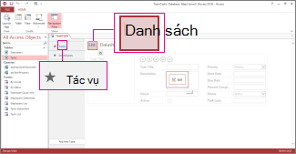 Bảng Nhiệm vụ và dạng xem Danh sách trong thiết kế Ứng dụng