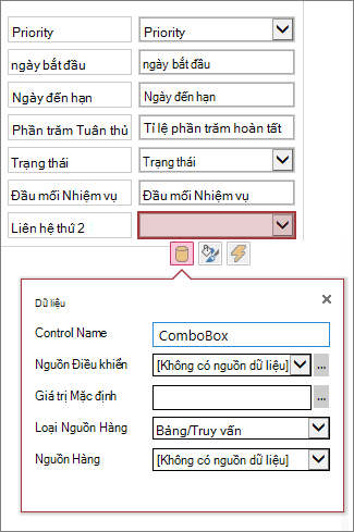 Trạng thái ban đầu của hộp thuộc tính để điều khiển danh sách tổ hợp