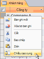 Bấm Chiều cao Hàng trong menu lối tắt