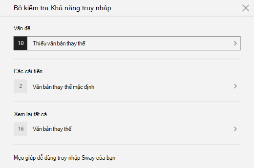 Ngăn Bộ kiểm tra Trợ năng hiển thị các sự cố với văn bản thay thế trong Sway.