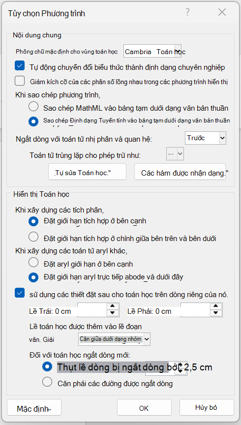 Hộp thoại tùy chọn phương trình trong tài liệu word.