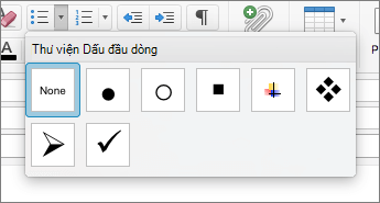 Các tùy chọn kiểu dấu đầu dòng sẵn dùng trong Thư viện Dấu đầu dòng trong Outlook for Mac.