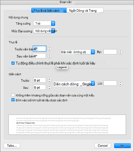 Hộp thoại Đoạn văn trong Outlook for Mac.
