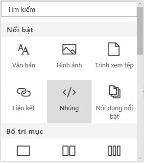 Ảnh chụp màn hình menu nội dung Nhúng trong SharePoint.